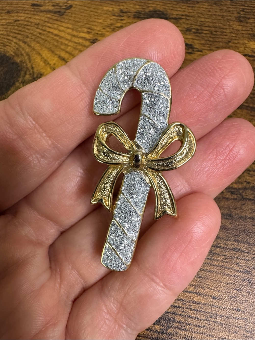 Vintage Gold and Silver Candy Cane Brooch with Bow